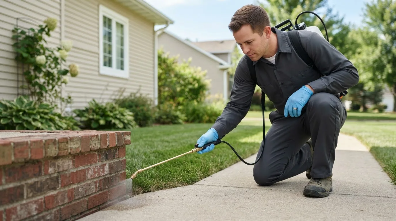 Pest control technician treating a home near White Bluff, TN